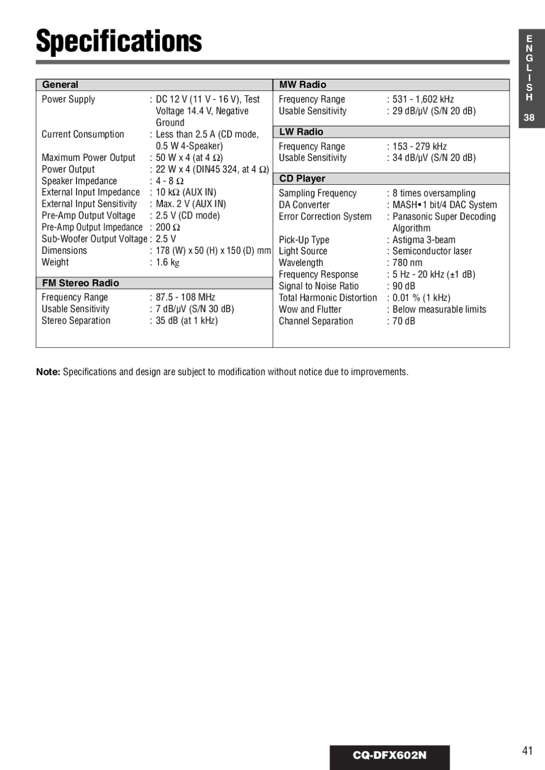 Panasonic manual Specifications, CQ-DFX602N41, General MW Radio, LW Radio, FM Stereo Radio 