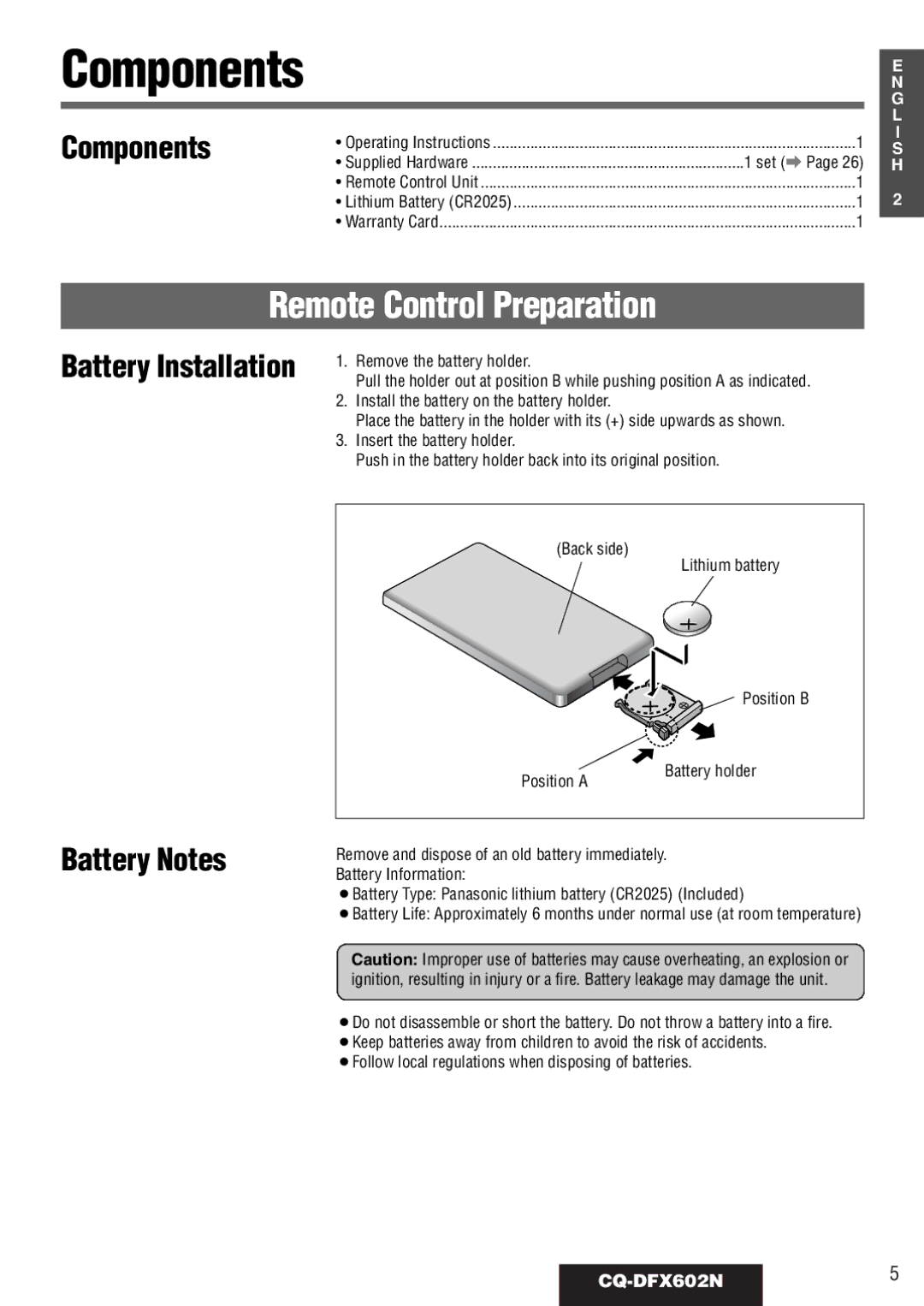 Panasonic CQ-DFX602N manual Remote Control Preparation, Components, Battery Notes 