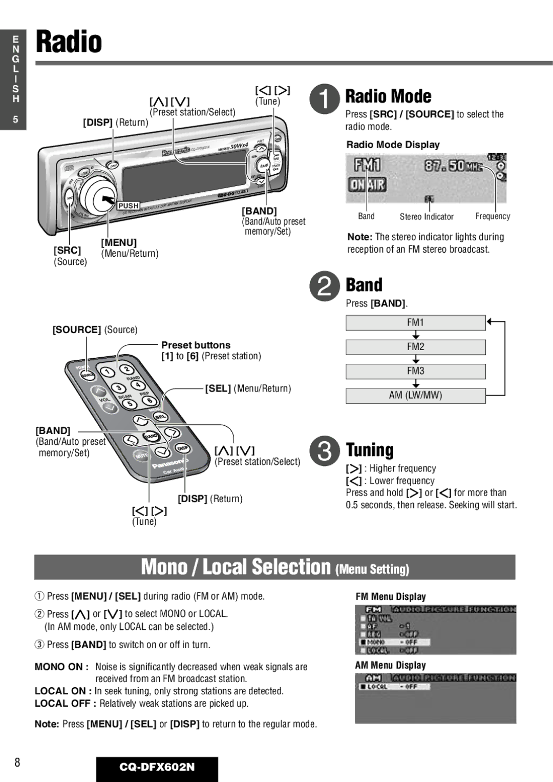 Panasonic CQ-DFX602N manual Mono / Local Selection Menu Setting, Radio Mode, Band, Tuning 