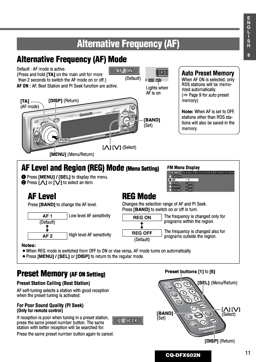 Panasonic manual Alternative Frequency AF Mode, AF Level and Region REG Mode Menu Setting, CQ-DFX602N11 