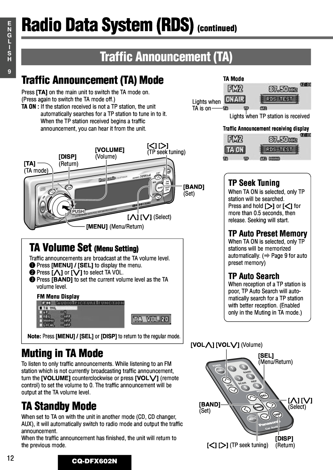 Panasonic CQ-DFX602N Radio Data System RDS continued, Traffic Announcement TA, TA Volume Set Menu Setting, TA Standby Mode 
