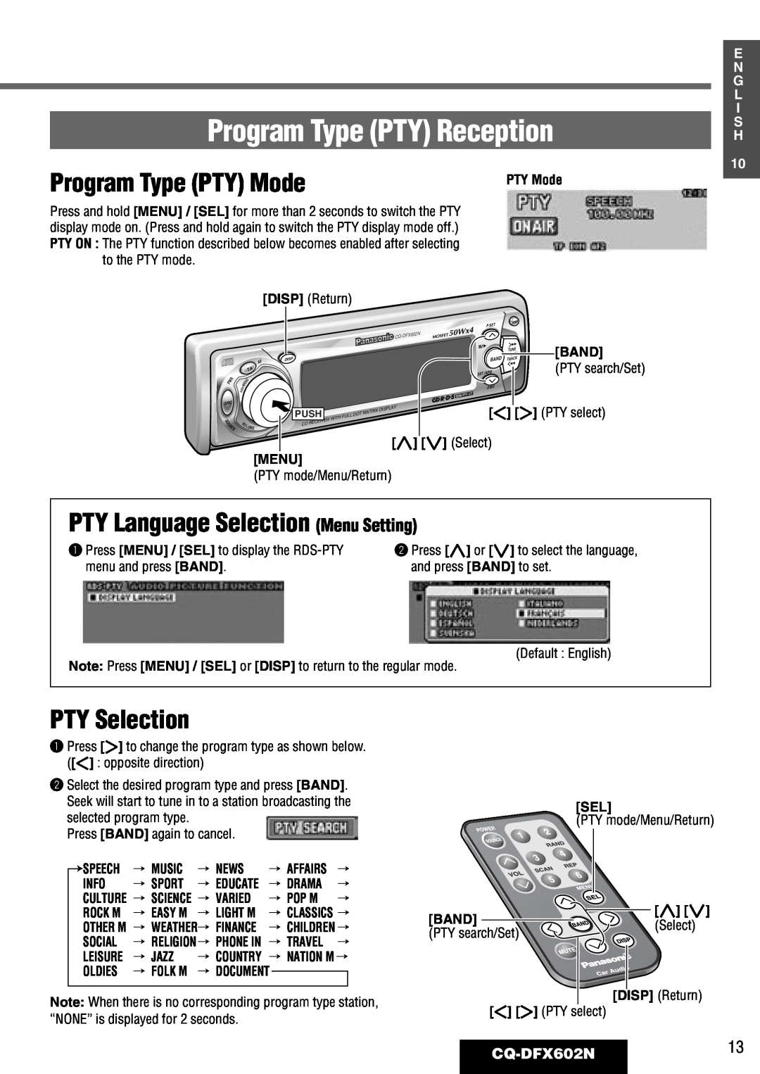 Panasonic CQ-DFX602N Program Type PTY Reception, Program Type PTY Mode, PTY Language Selection Menu Setting, PTY Selection 