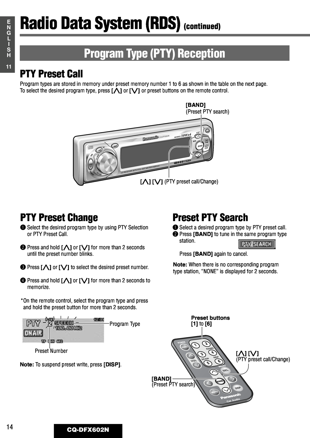 Panasonic manual PTY Preset Call, PTY Preset Change, Preset PTY Search, 14CQ-DFX602N, E N G L I S H 