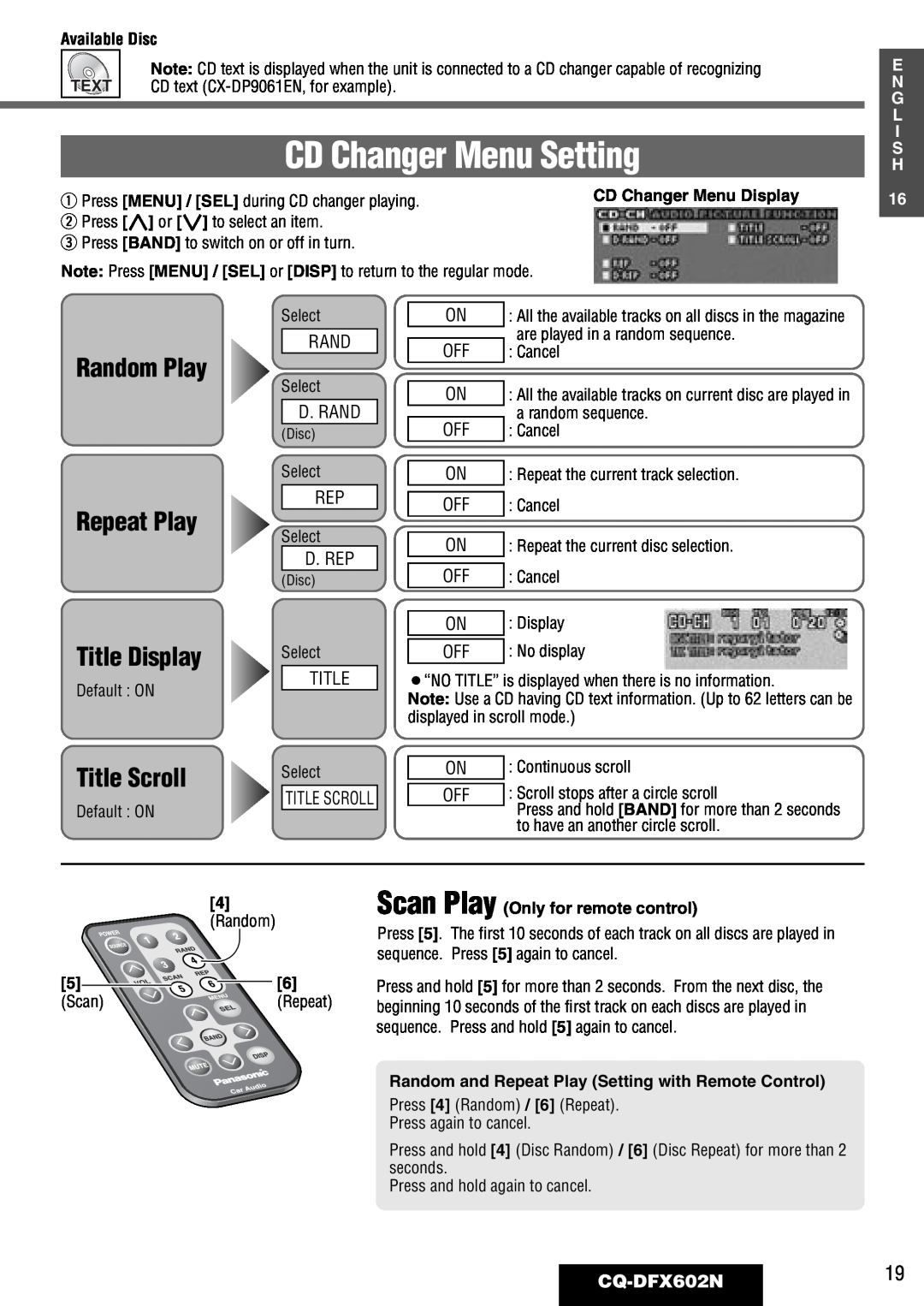 Panasonic manual CD Changer Menu Setting, Random Play Repeat Play Title Display, Title Scroll, CQ-DFX602N19 