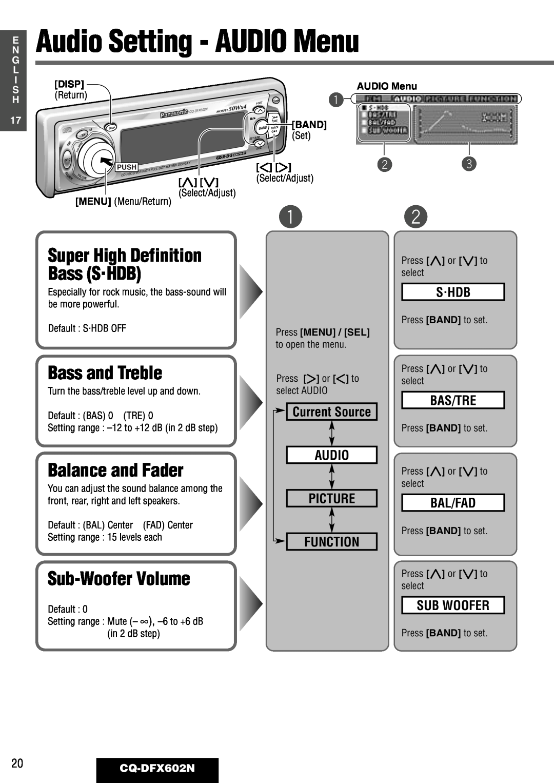 Panasonic CQ-DFX602N manual Bass and Treble, Balance and Fader, Sub-WooferVolume, Super High Definition Bass S·HDB, S·Hdb 