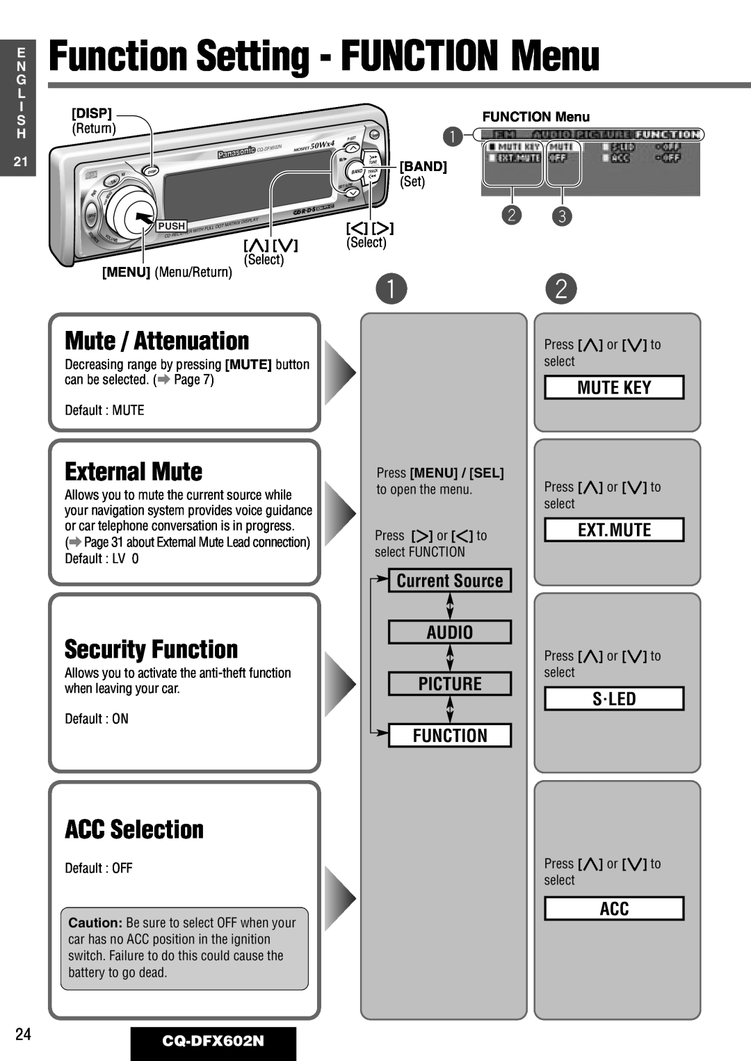 Panasonic CQ-DFX602N Function Setting - FUNCTION Menu, External Mute, Security Function, ACC Selection, Mute Key, Ext.Mute 
