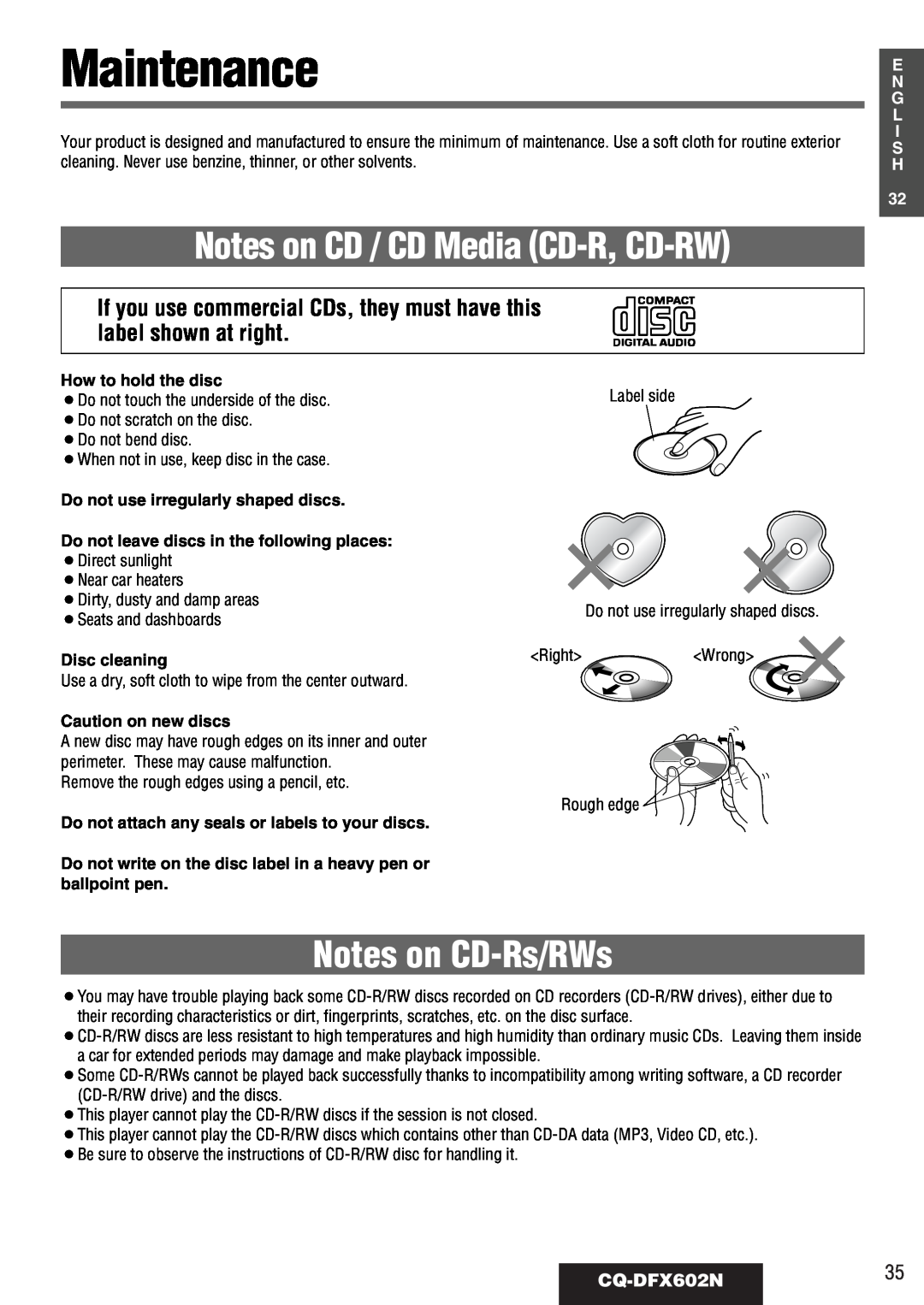 Panasonic manual Maintenance, Notes on CD-Rs/RWs, CQ-DFX602N35, E N G L I S H, Notes on CD / CD Media CD-R, CD-RW 