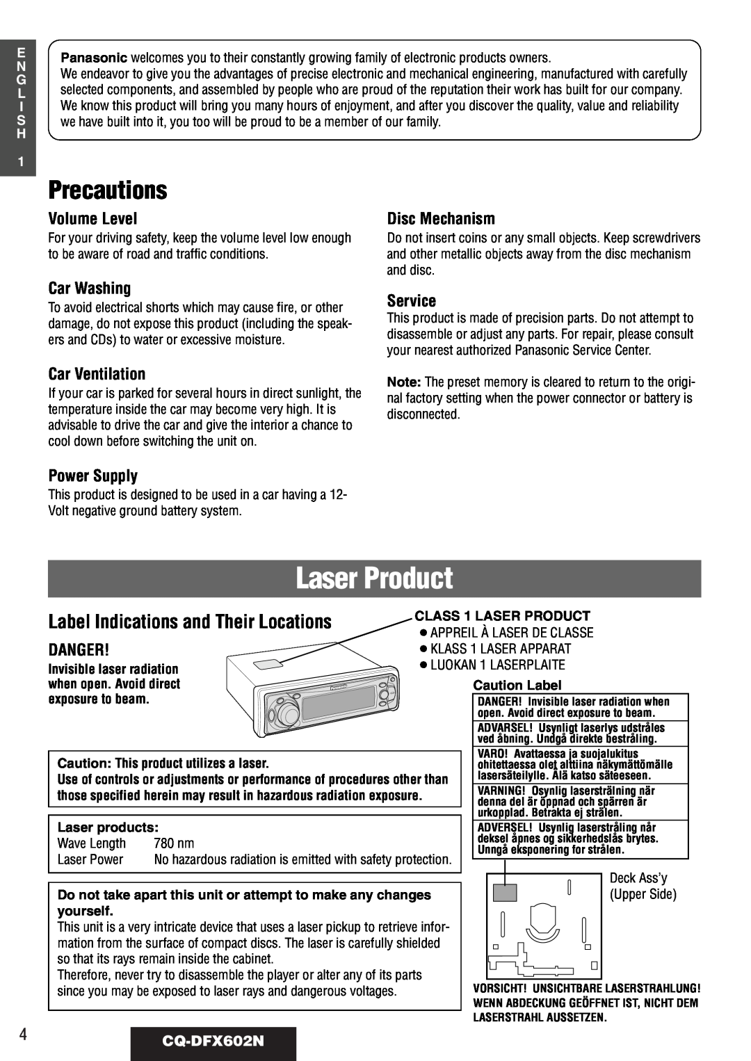 Panasonic CQ-DFX602N Precautions, Label Indications and Their Locations, Volume Level, Disc Mechanism, Car Washing, Danger 