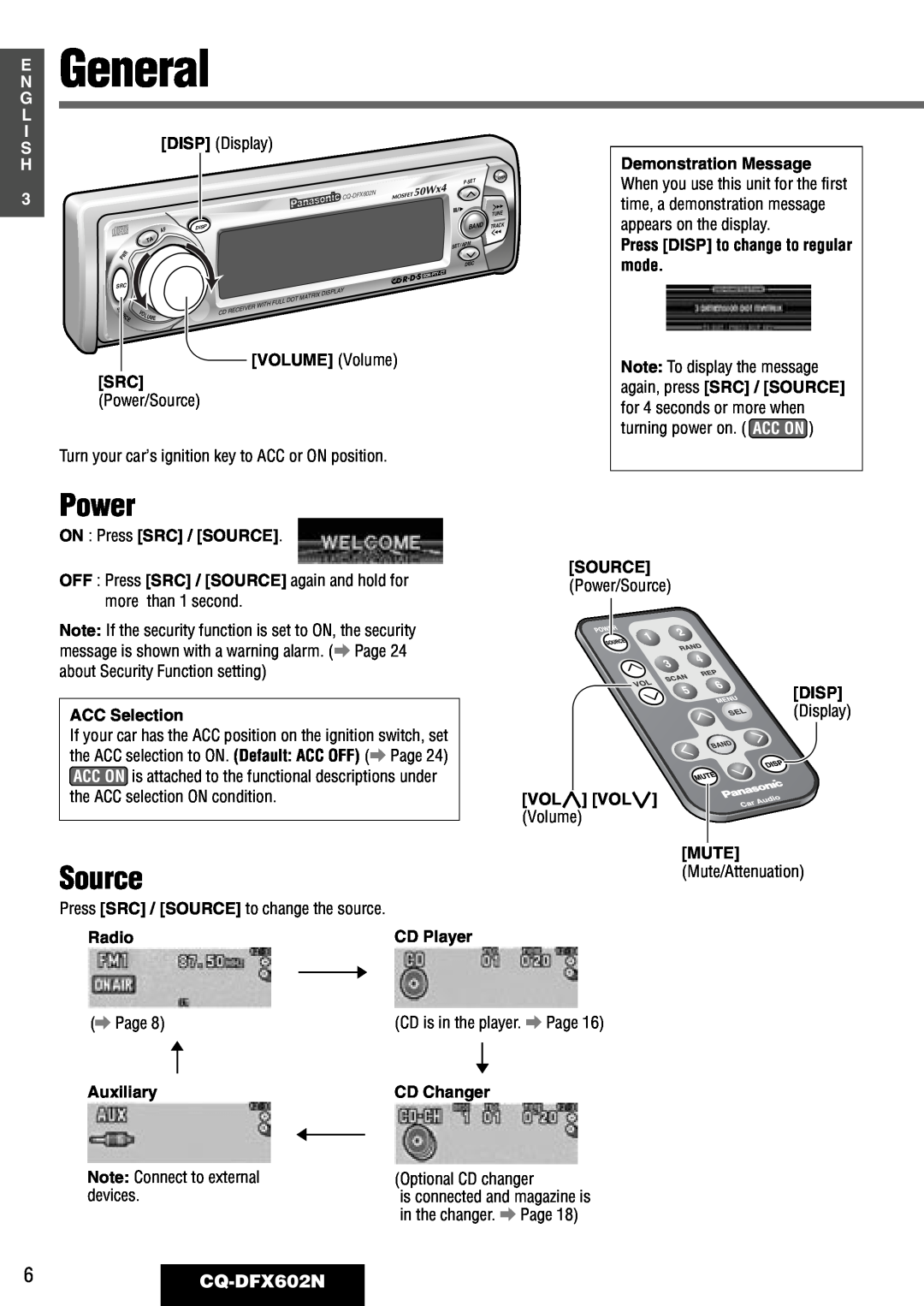 Panasonic manual General, Power, Source, 6CQ-DFX602N, E N G L I S H 