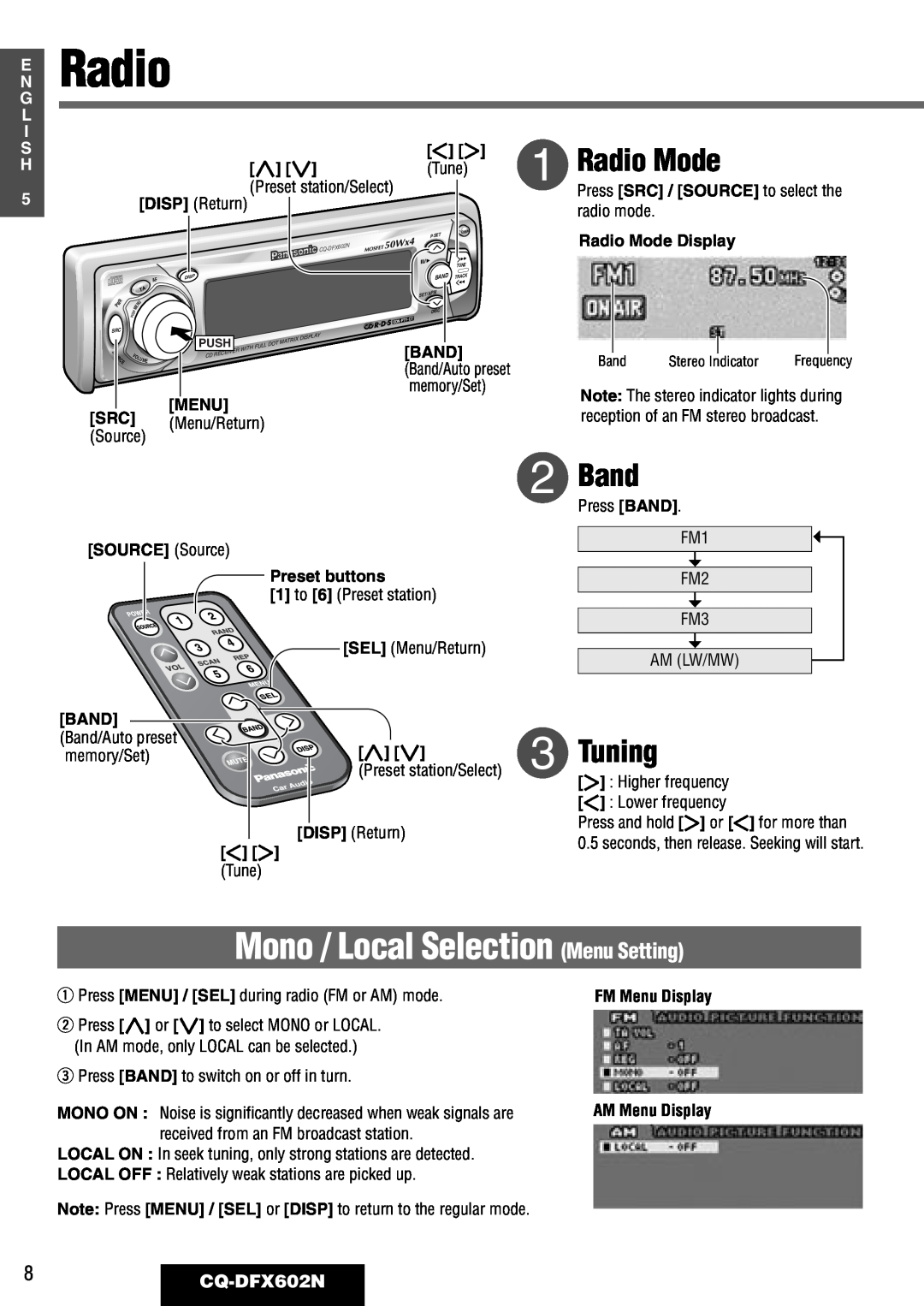 Panasonic manual Mono / Local Selection Menu Setting, Radio Mode, Band, Tuning, 8CQ-DFX602N 