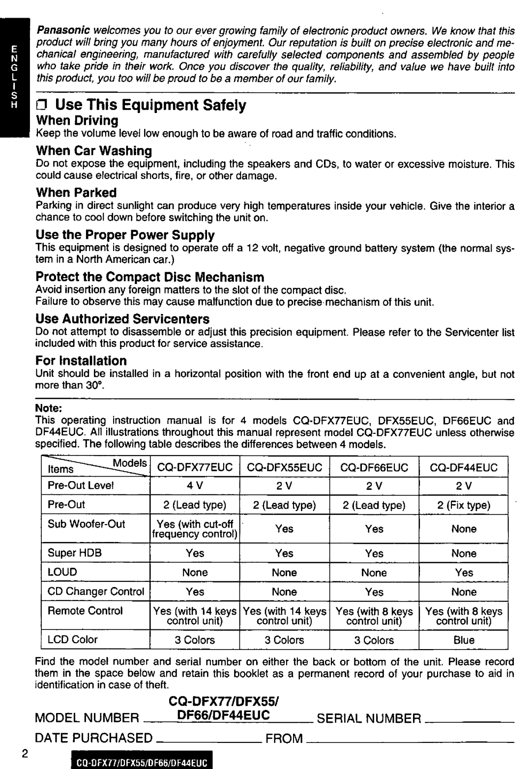 Panasonic DF44EUC, CQ-DFX77, DF66EUC, CQ-DFX55 manual 