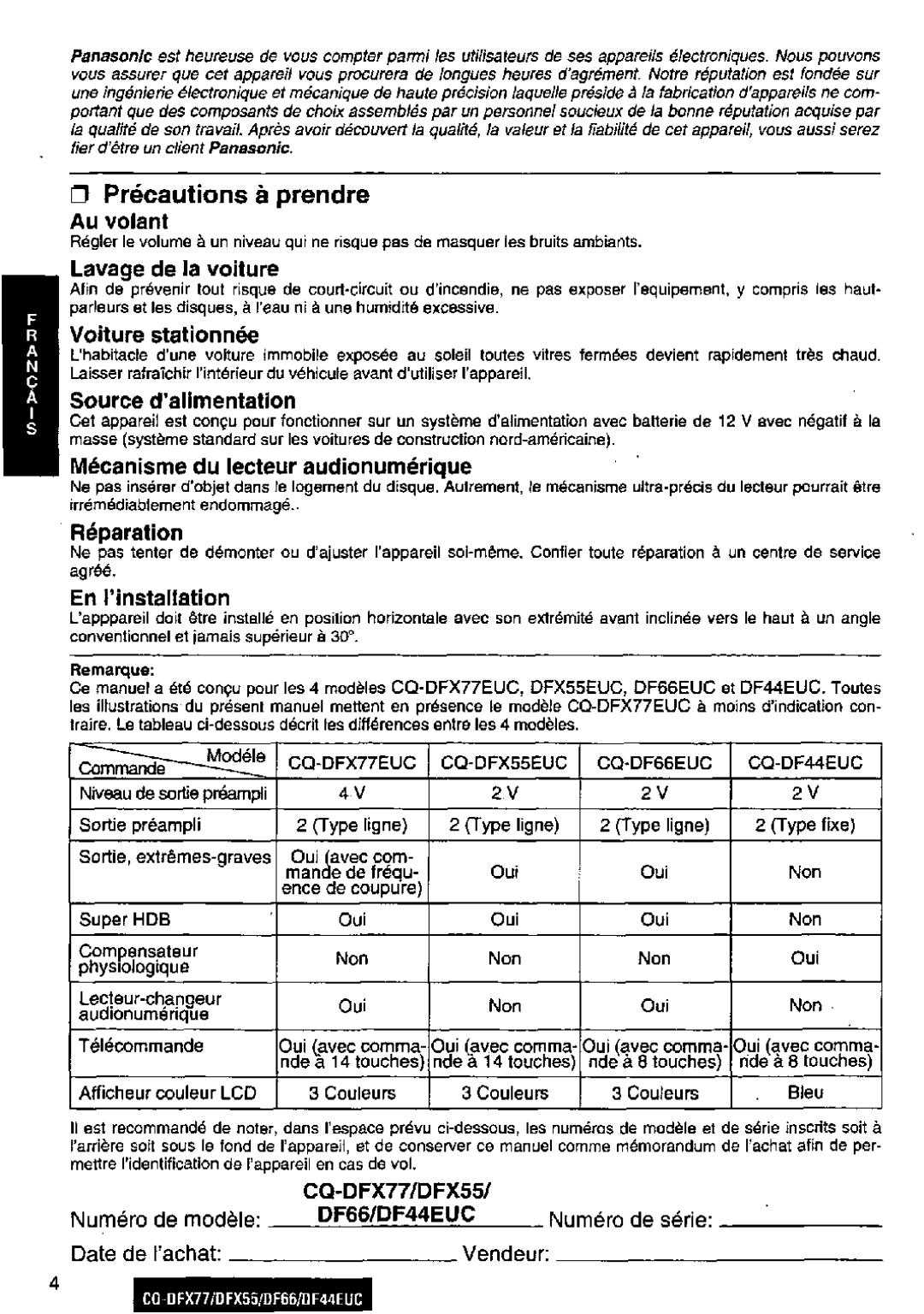 Panasonic CQ-DFX77, DF66EUC, DF44EUC, CQ-DFX55 manual 