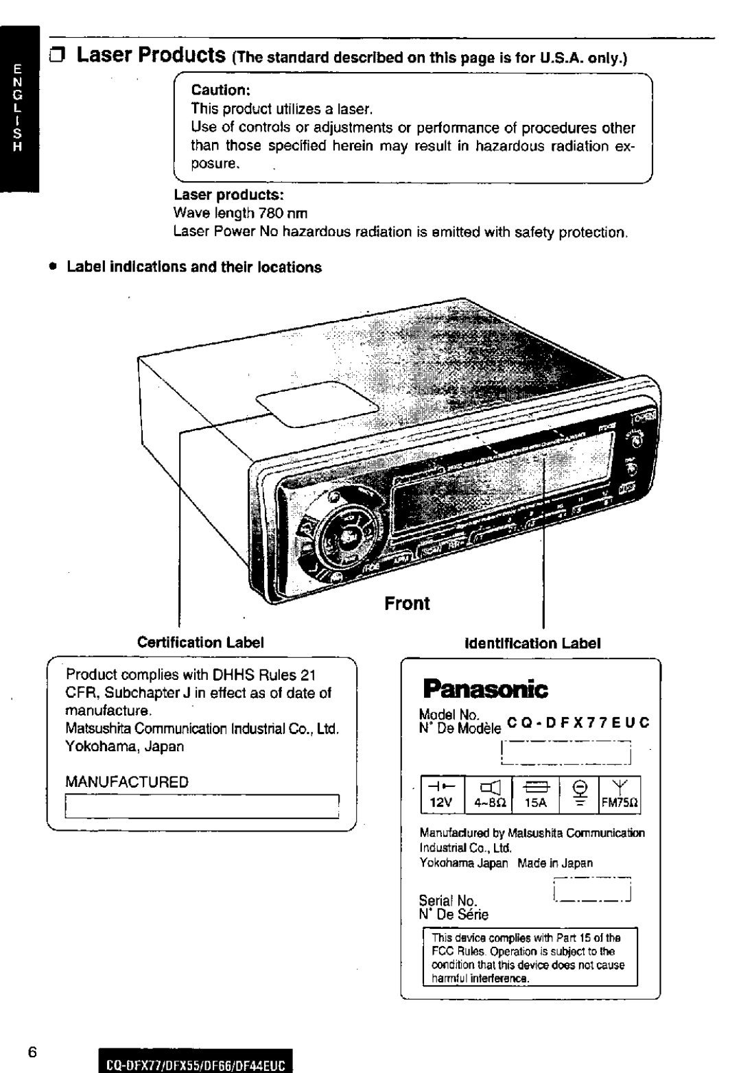 Panasonic DF44EUC, CQ-DFX77, DF66EUC, CQ-DFX55 manual 