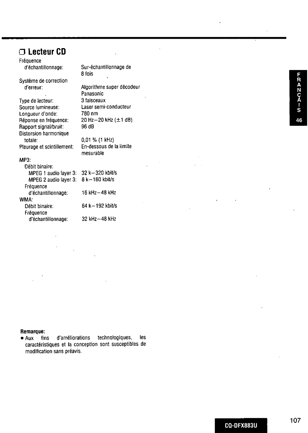 Panasonic CQ-DFX883U manual 