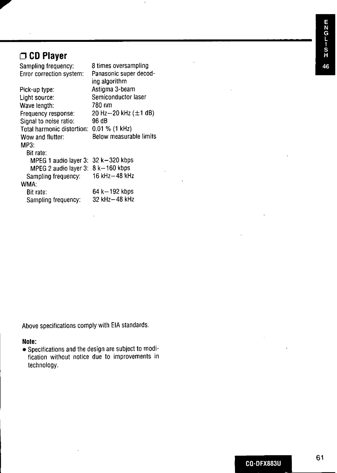 Panasonic CQ-DFX883U manual 