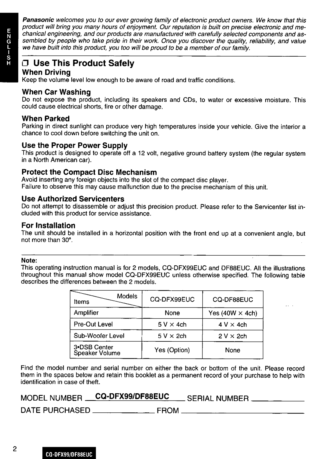 Panasonic CQ-DFX88EUC, CQDFX99EUC manual 