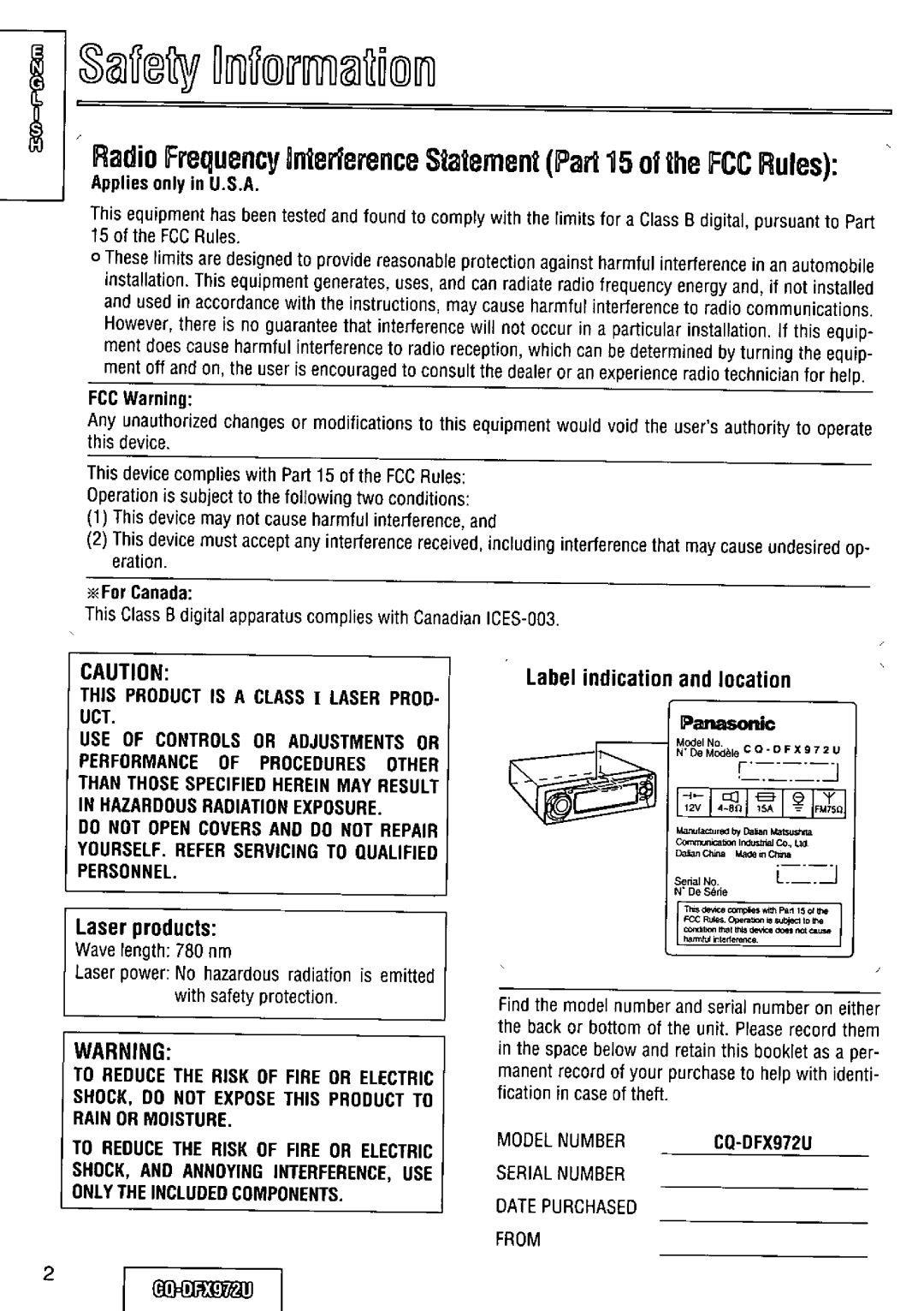 Panasonic CQ-DFX972U manual 