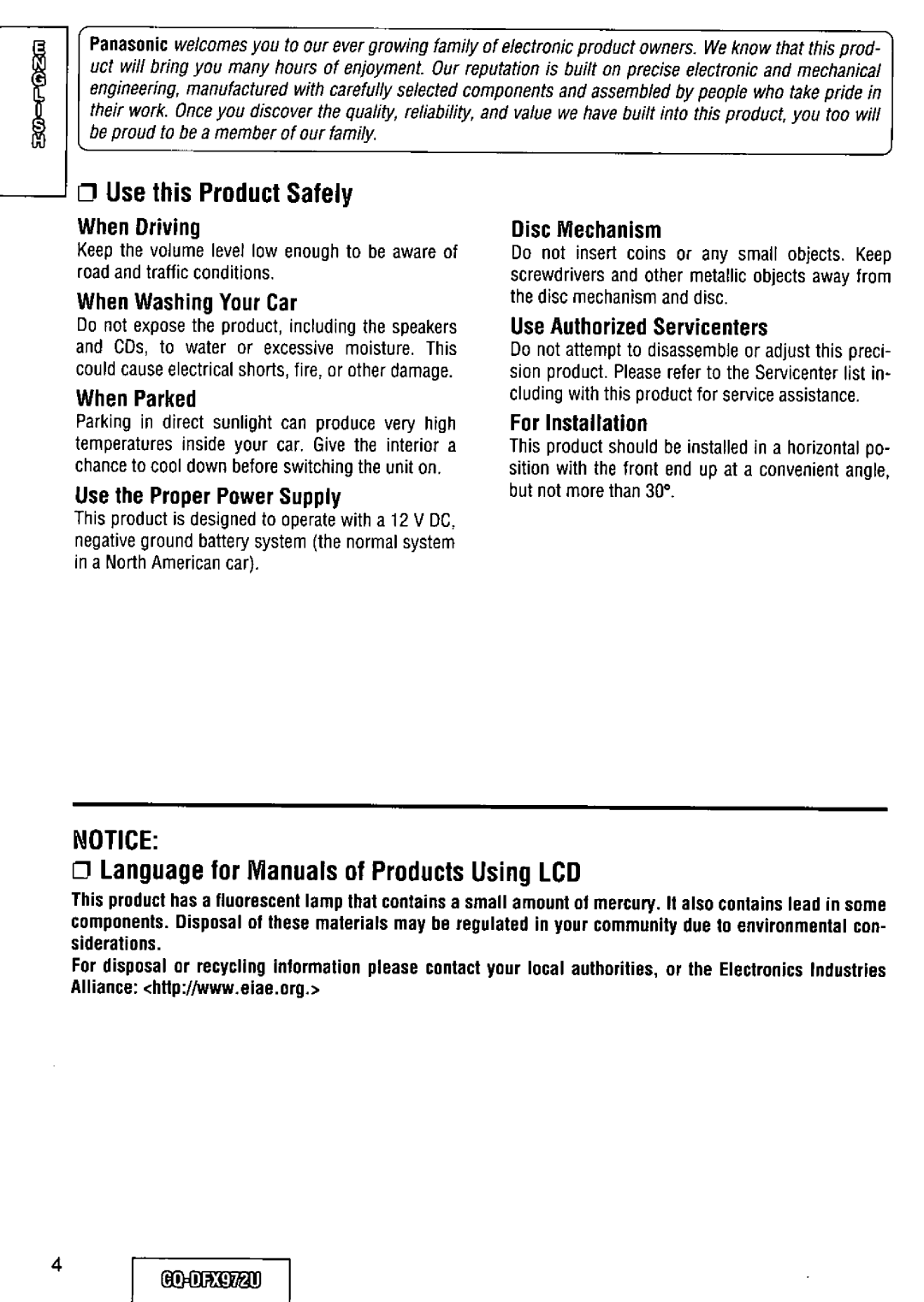 Panasonic CQ-DFX972U manual 