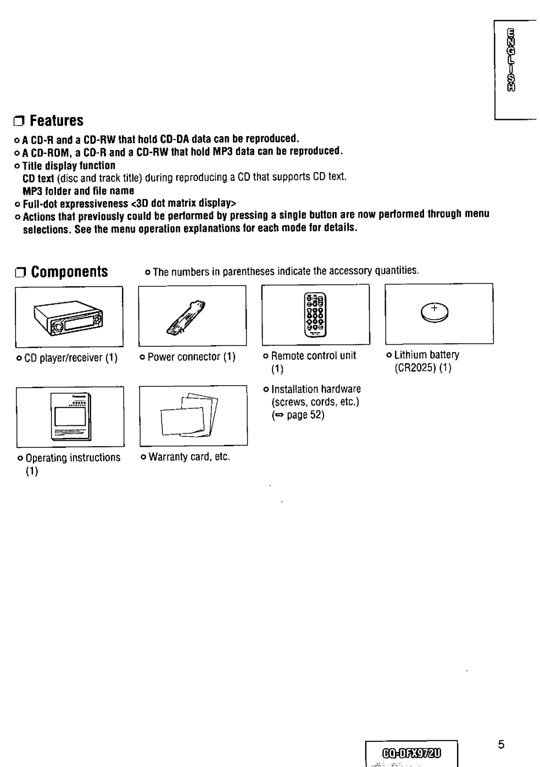Panasonic CQ-DFX972U manual 