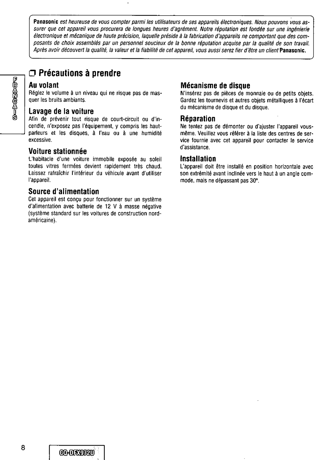 Panasonic CQ-DFX972U manual 