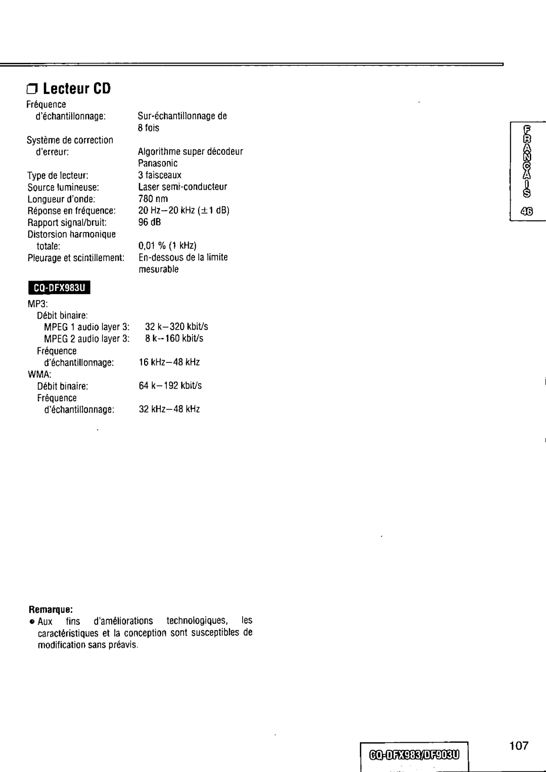 Panasonic CQ-DFX983U manual 