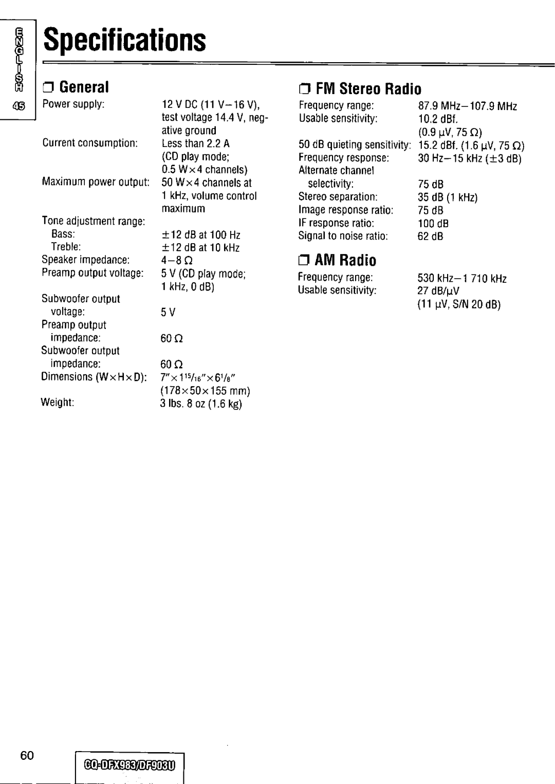 Panasonic CQ-DFX983U manual 