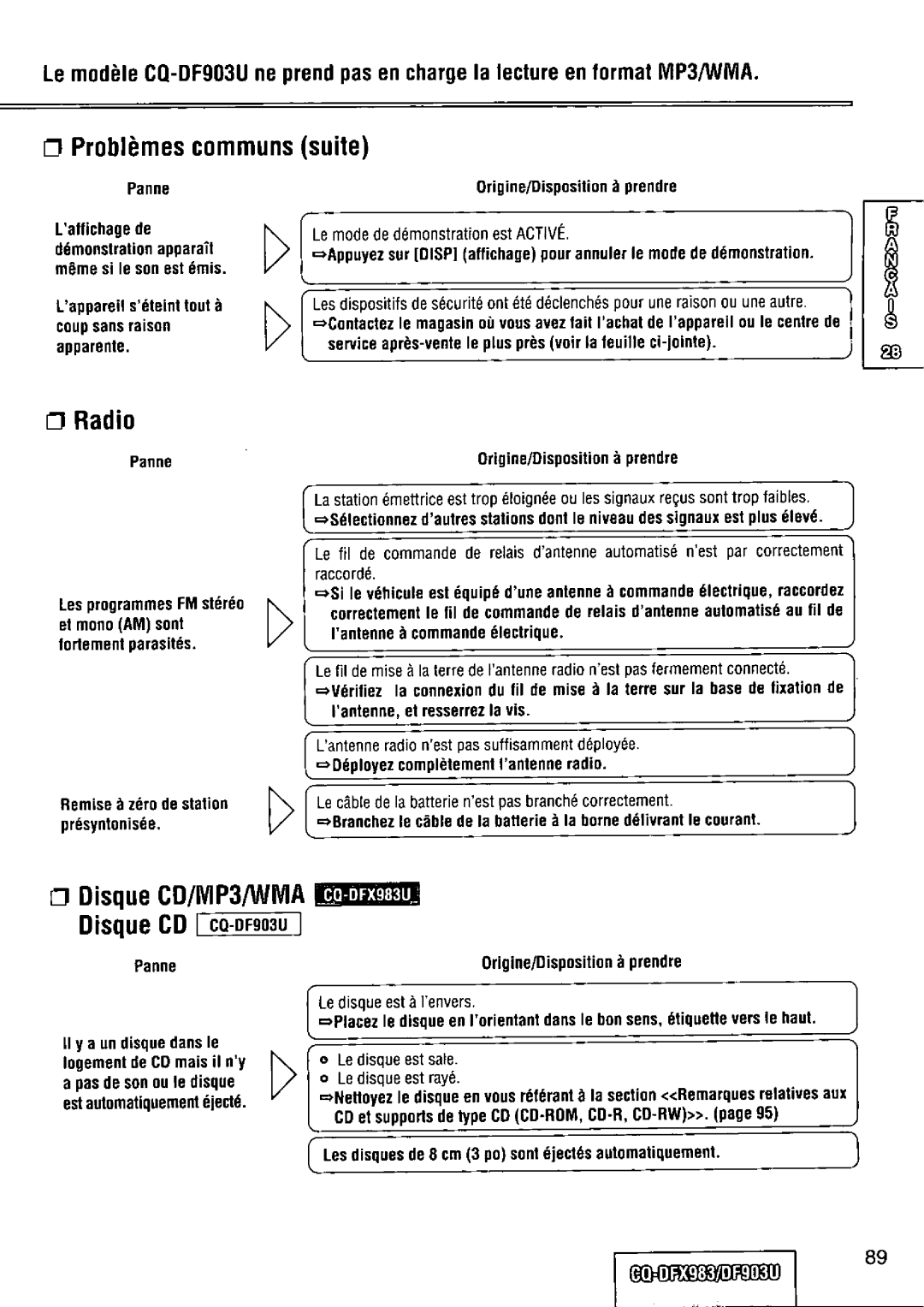 Panasonic CQ-DFX983U manual 