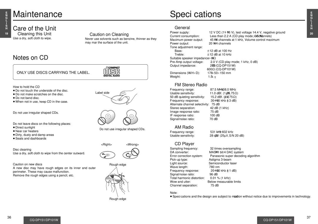 Panasonic CQ-DP101W, CQ-DP151 operating instructions Maintenance Speciﬁcations, Care of the Unit 