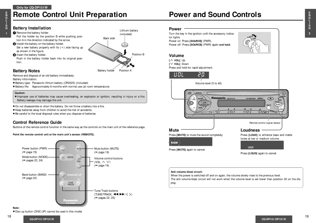 Panasonic CQ-DP151, CQ-DP101W Power and Sound Controls, Battery Installation, Battery Notes, Control Reference Guide, Mute 