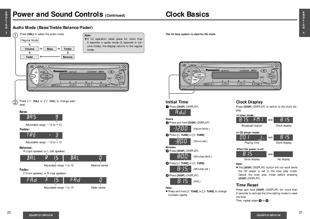 Panasonic CQ-DP101W, CQ-DP151 operating instructions Power and Sound Controls, Clock Basics 