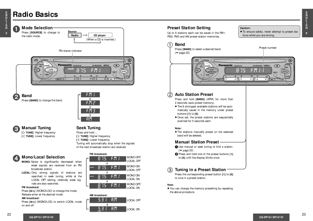 Panasonic CQ-DP151, CQ-DP101W operating instructions Radio Basics 