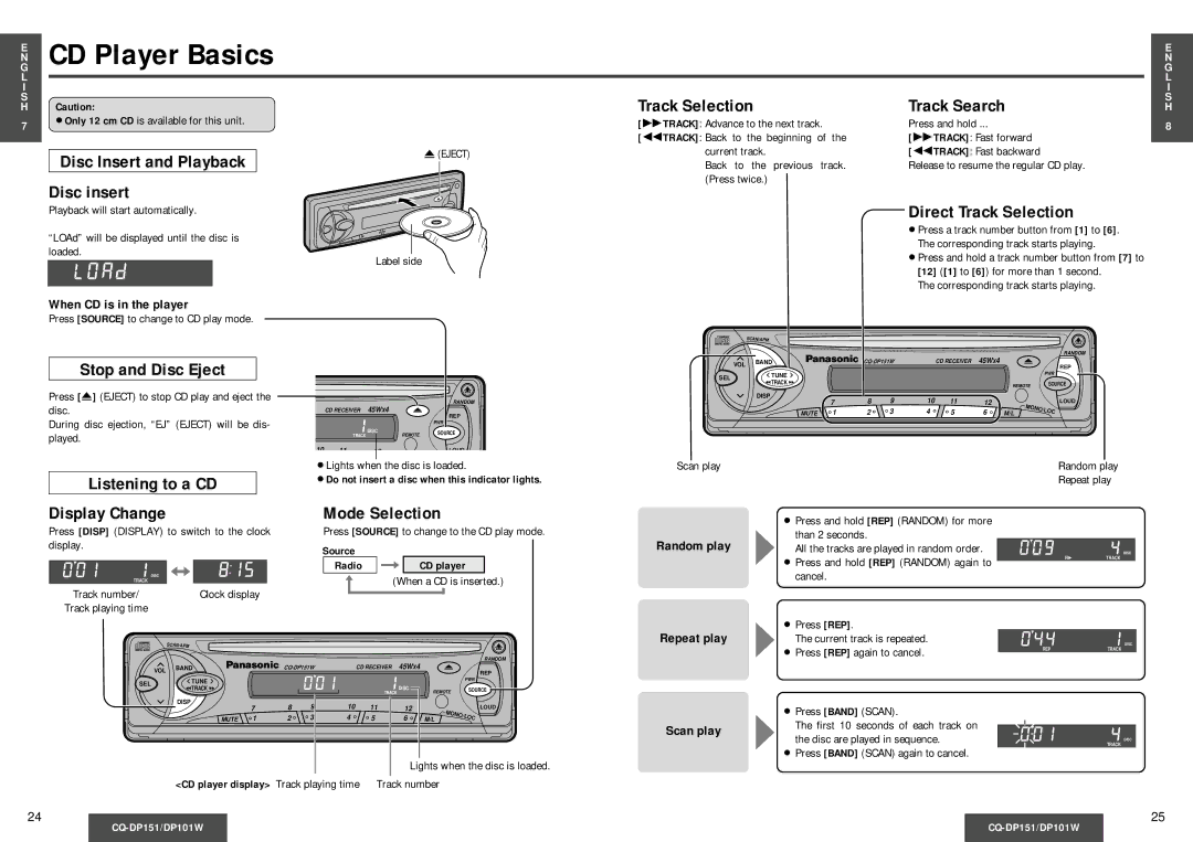 Panasonic CQ-DP101W, CQ-DP151 operating instructions CD Player Basics 