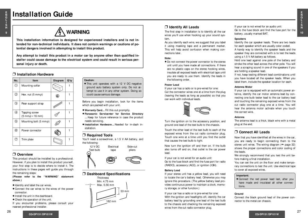 Panasonic CQ-DP151, CQ-DP101W operating instructions Installation Guide 