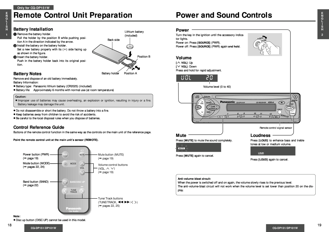 Panasonic CQ-DP151 Power and Sound Controls, Battery Installation, Battery Notes, Control Reference Guide, Mute, Volume 