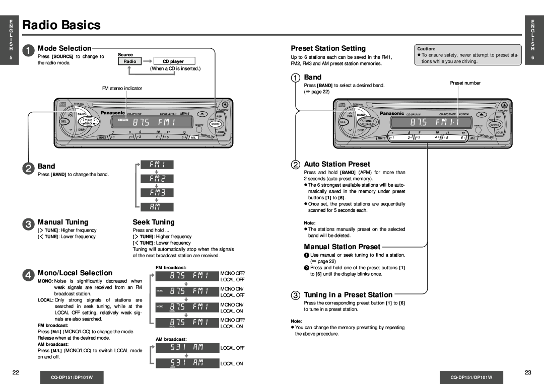 Panasonic CQ-DP151 Radio Basics, Mode Selection, Preset Station Setting, 2Band, Manual Tuning, Seek Tuning, 1Band, Source 