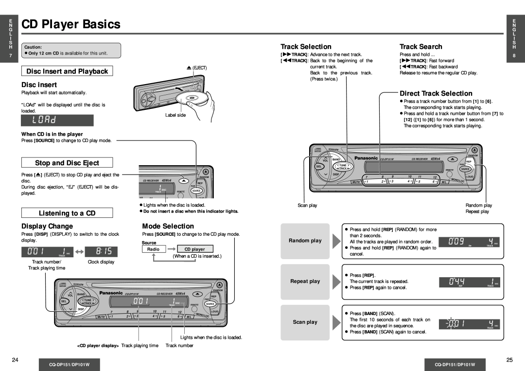 Panasonic CQ-DP101W E CD Player Basics, Disc Insert and Playback, Disc insert, Track Selection, Track Search, Random play 