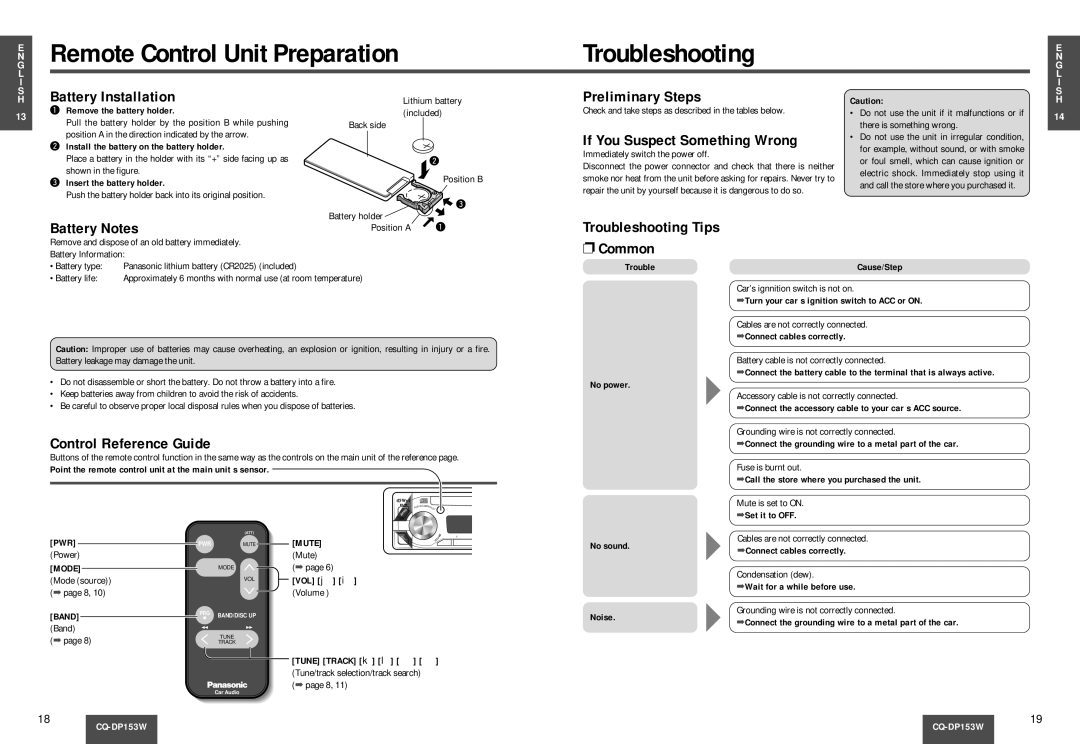 Panasonic CQ-DP153W manual Preliminary Steps, If You Suspect Something Wrong 