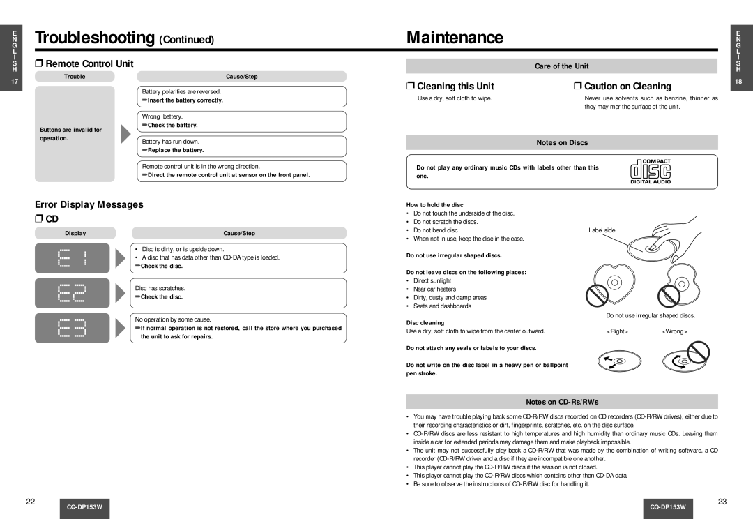 Panasonic CQ-DP153W manual Troubleshooting Maintenance, Cleaning this Unit, Error Display Messages, Care of the Unit 