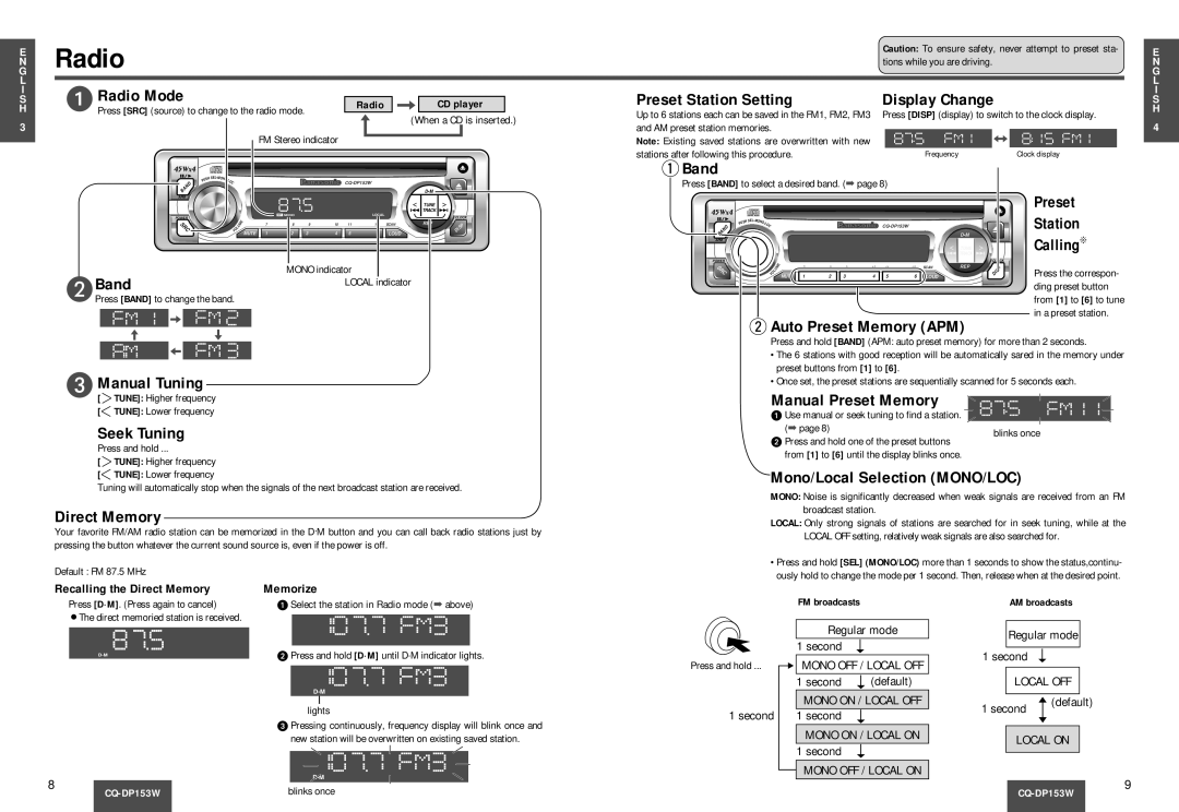 Panasonic CQ-DP153W manual Radio Mode, Preset Station Setting Display Change 