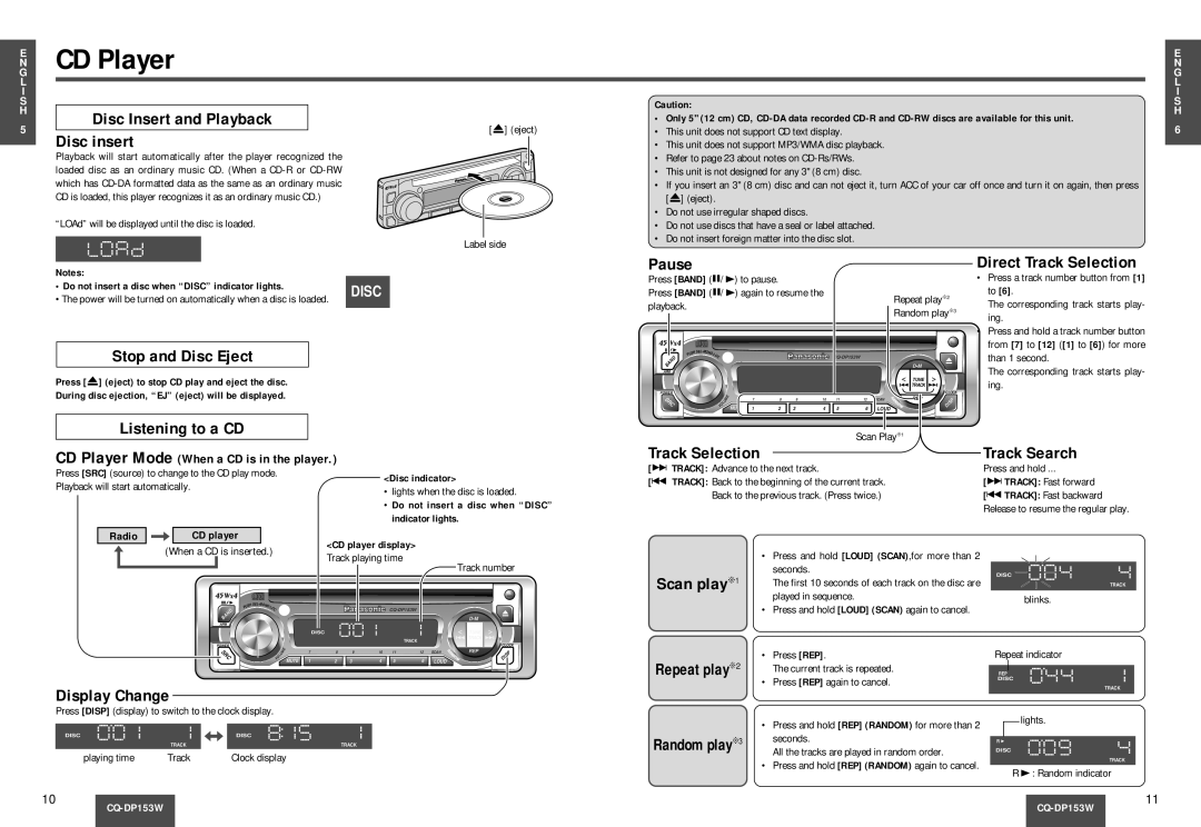 Panasonic CQ-DP153W manual CD Player 