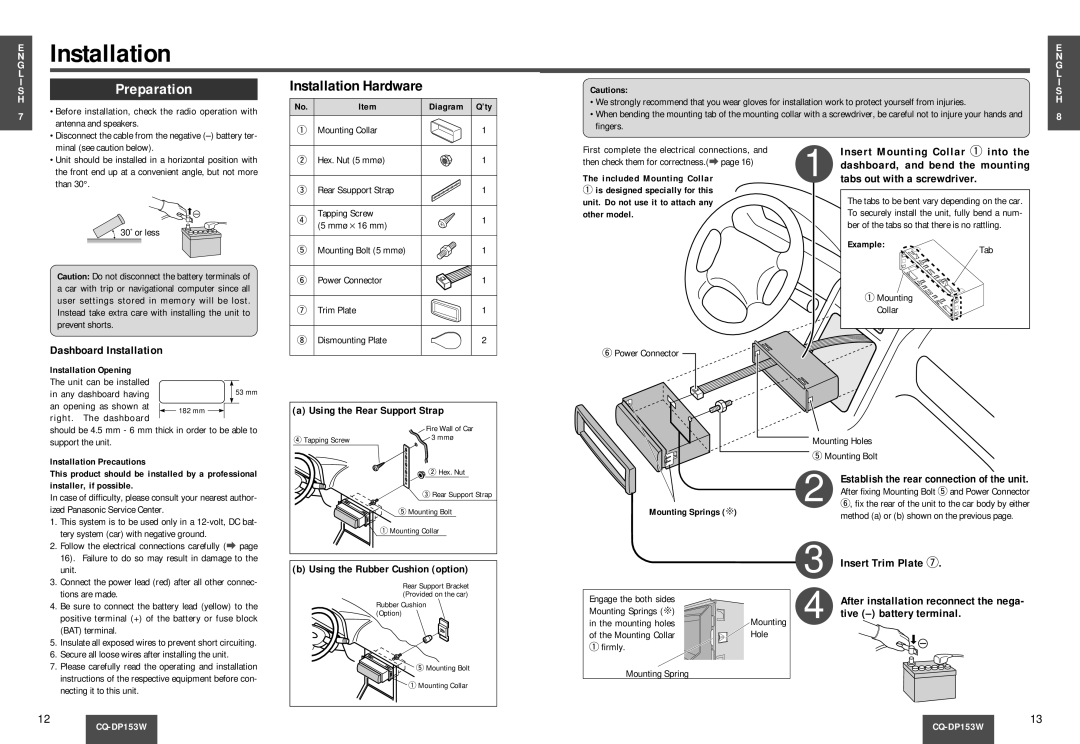 Panasonic CQ-DP153W manual Preparation, Installation Hardware, Dashboard Installation 