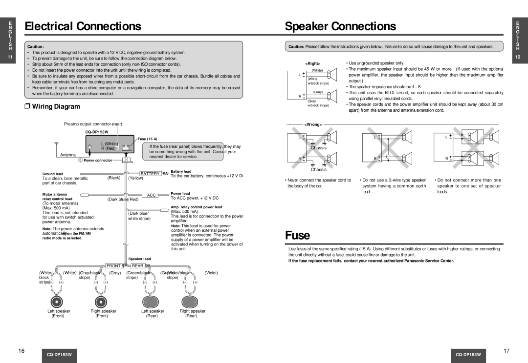 Panasonic CQ-DP153W manual Fuse, Wiring Diagram 