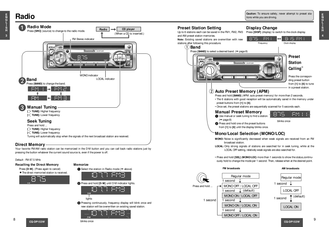 Panasonic CQ-DP153W Radio Mode, Preset Station Setting, Display Change, qBand, Preset Station CallingC, Memorize 