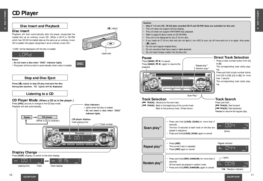 Panasonic CQ-DP153W CD Player, Disc Insert and Playback, Disc insert, Stop and Disc Eject, Direct Track Selection, Pause 