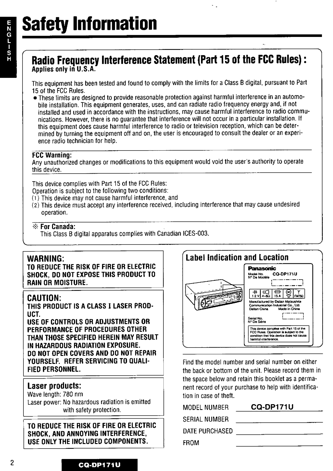 Panasonic CQ-DP171U manual 