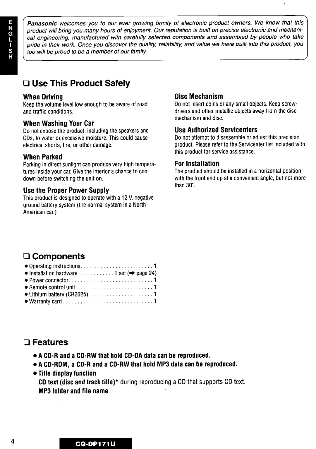 Panasonic CQ-DP171U manual 