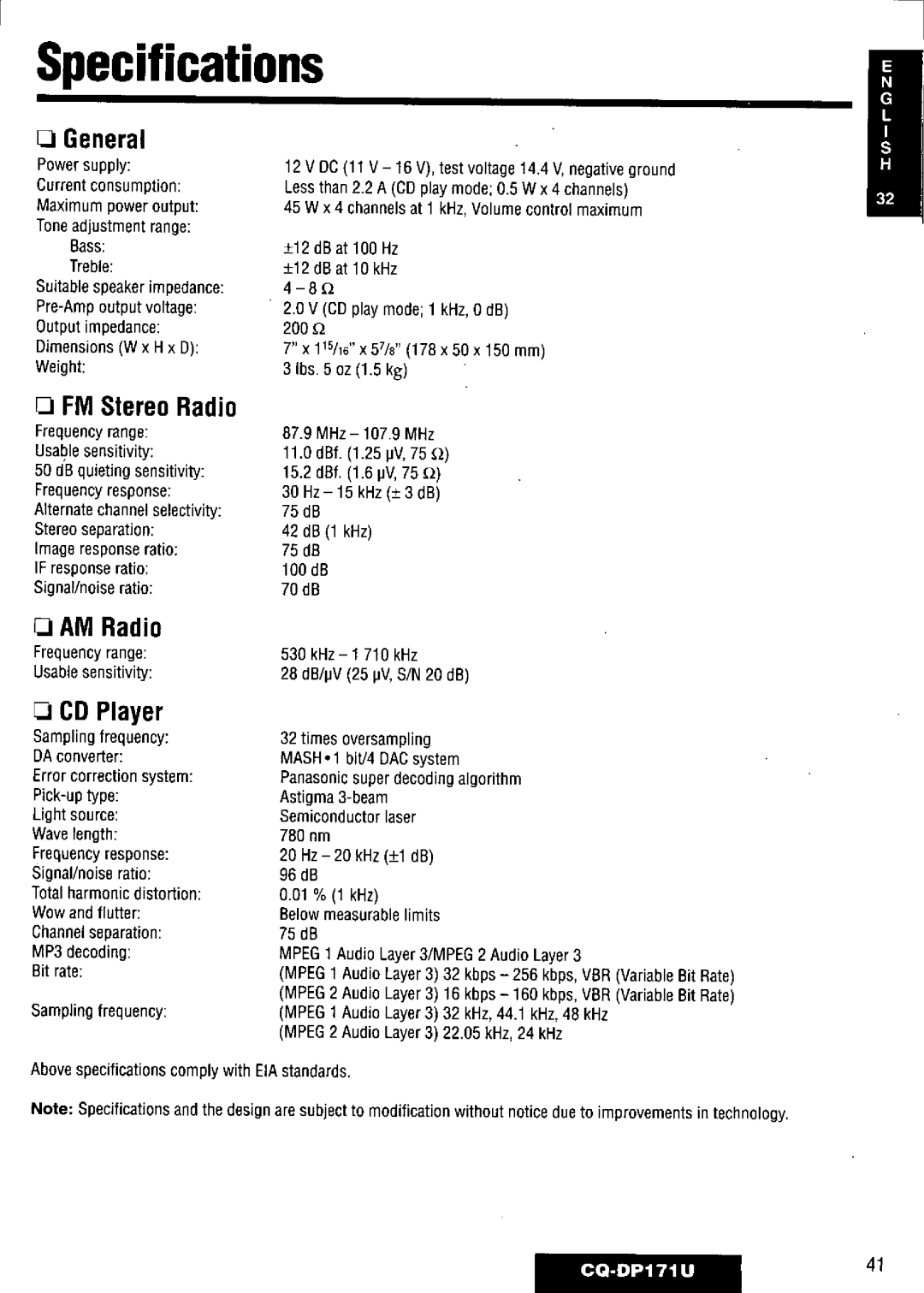 Panasonic CQ-DP171U manual 