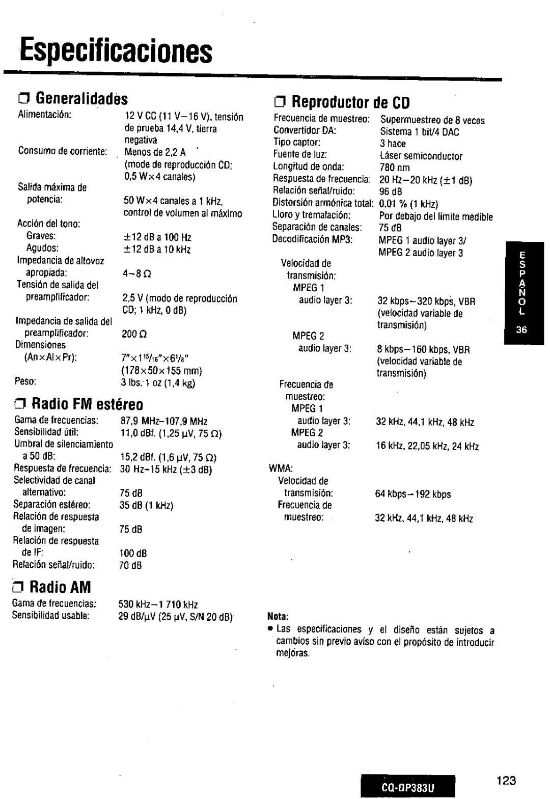 Panasonic CQ-DP383U manual 