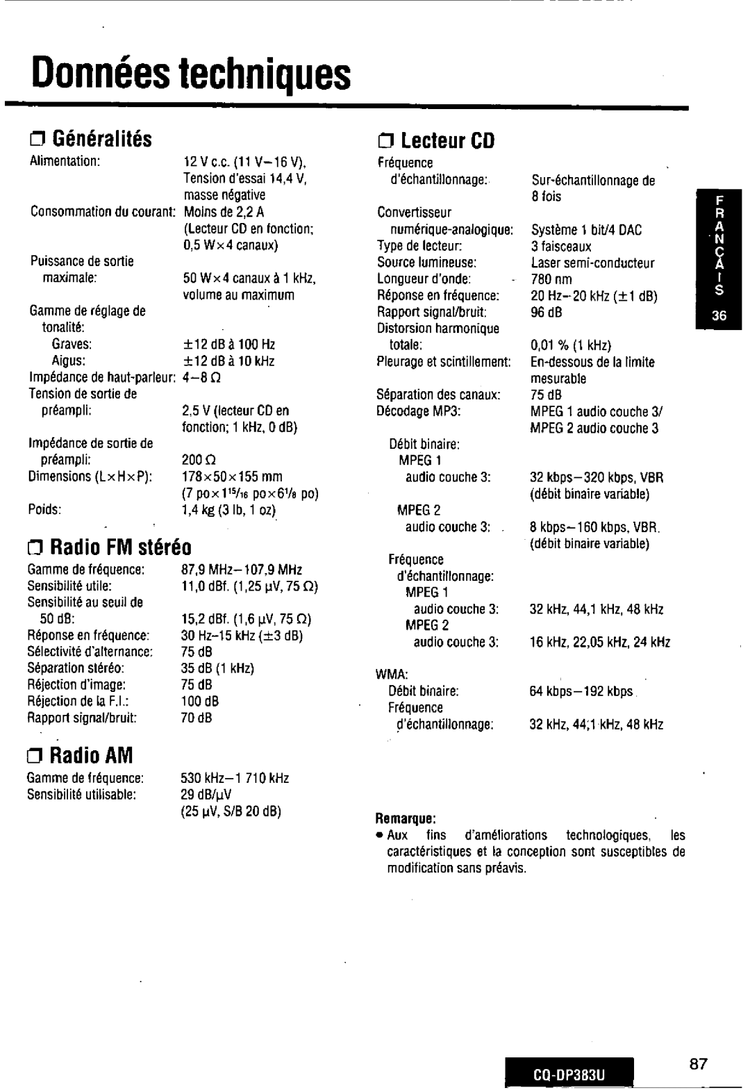 Panasonic CQ-DP383U manual 