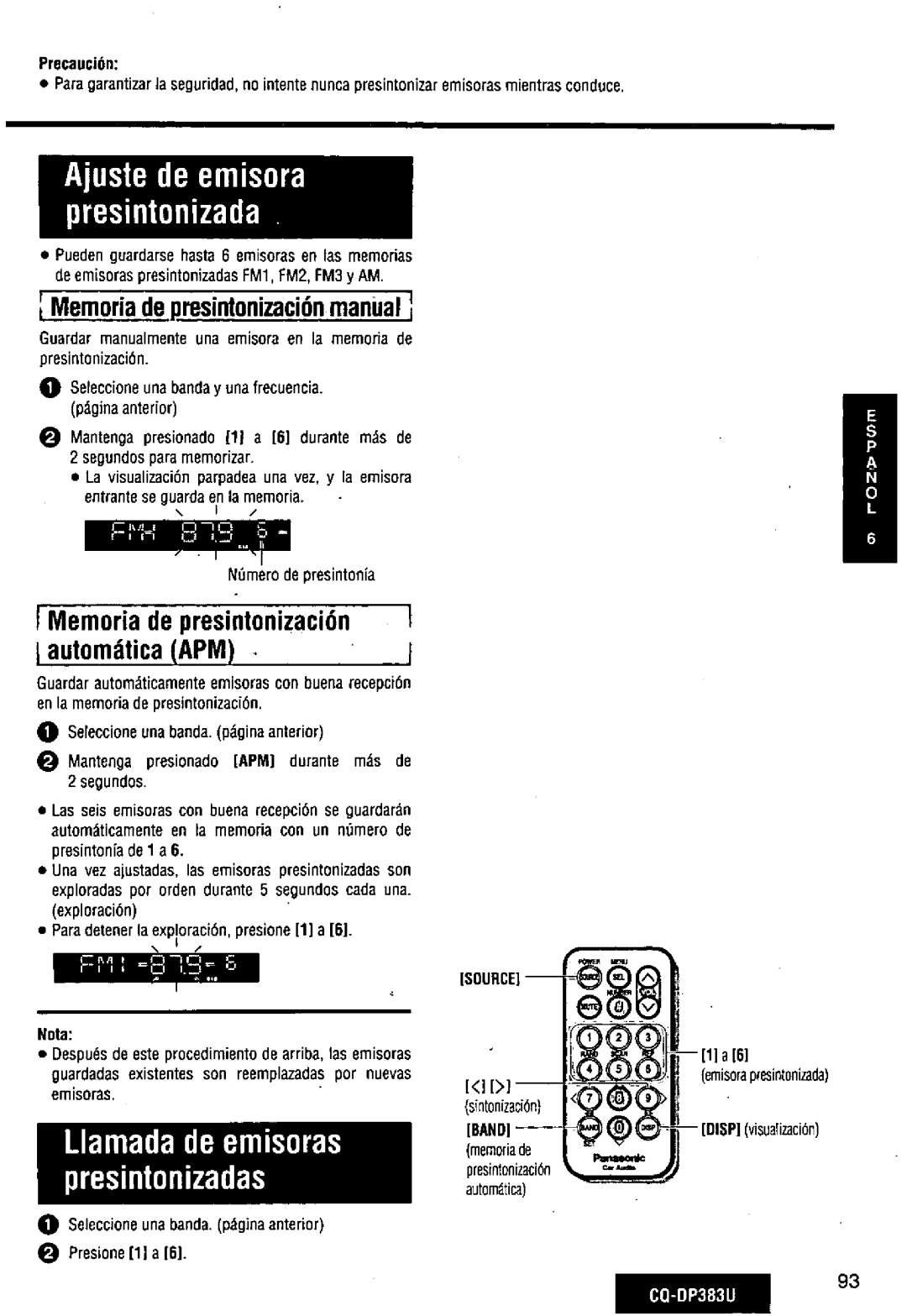 Panasonic CQ-DP383U manual 